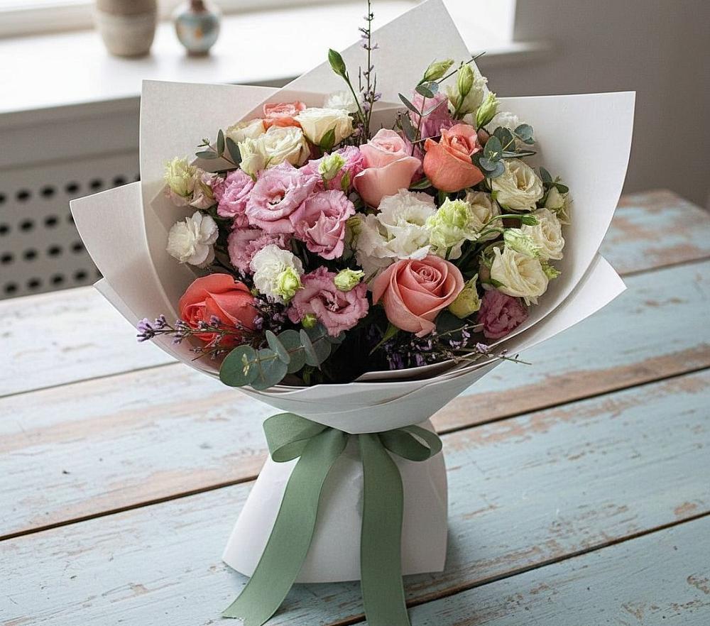 Букет цветов из: Розы, Лизиантусы и Гвоздики в Октябрьском Красноярского края