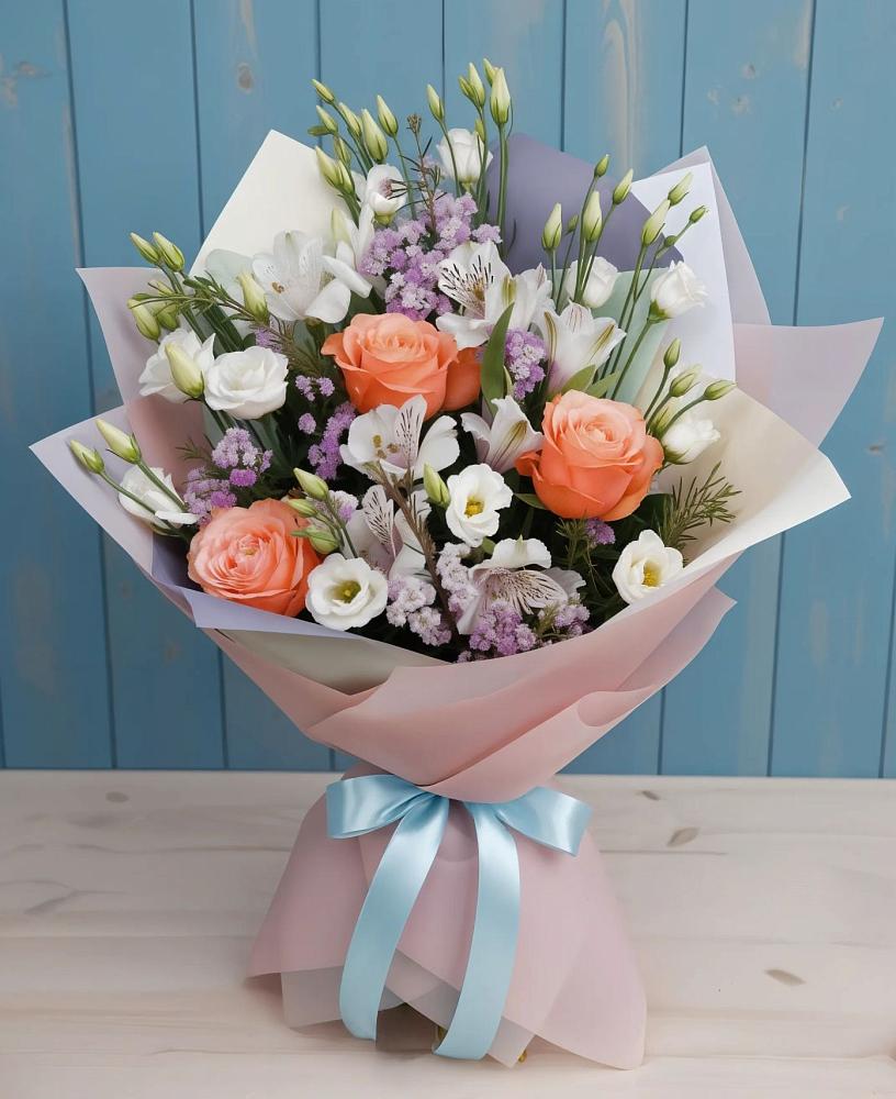 Букет цветов из: Лизиантусы, Розы, Альстромерии и Гипсофила в Октябрьском Красноярского края