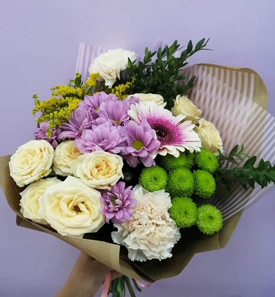 Букет цветов из: Хризантемы, Розы, Гвоздики и Герберы в Октябрьском Красноярского края