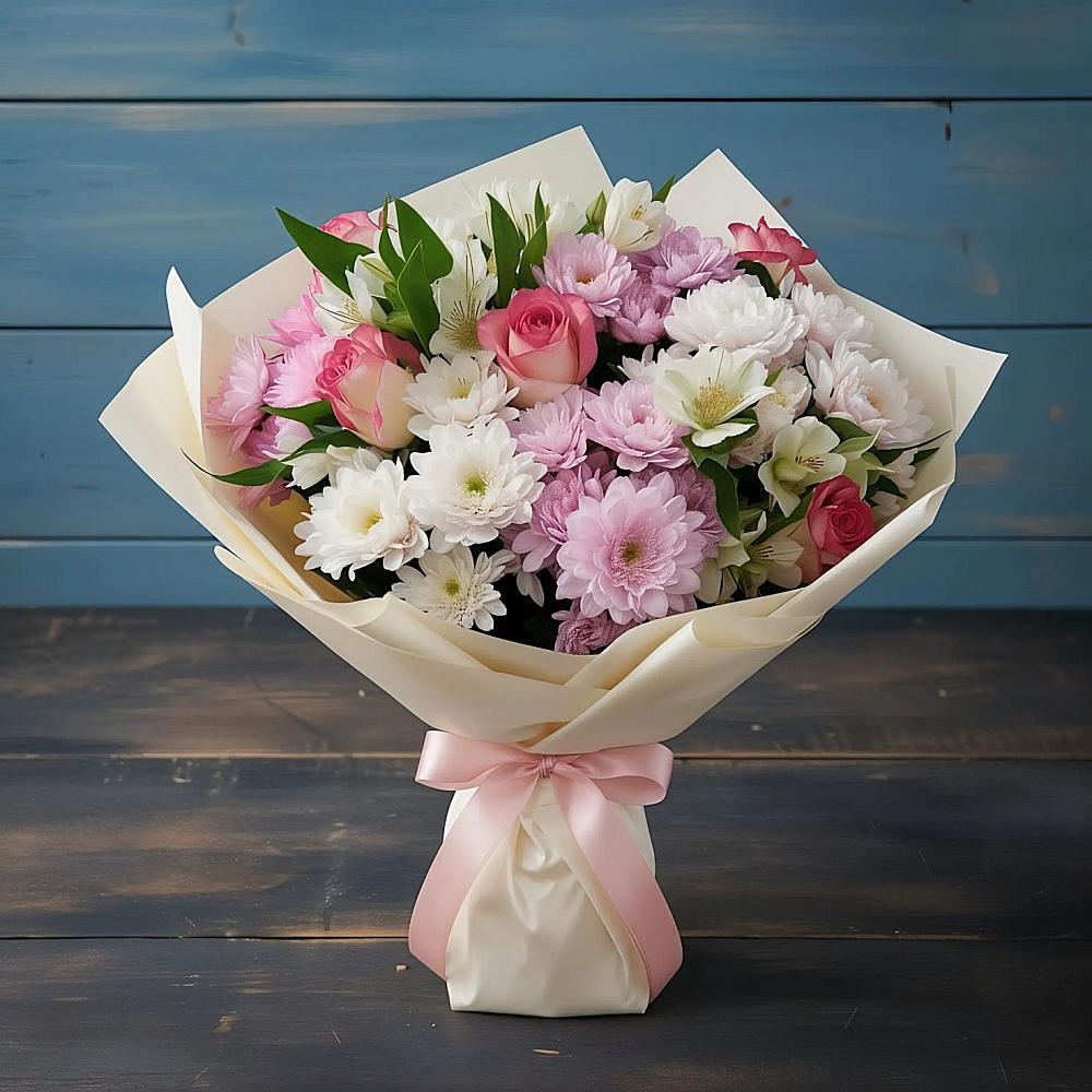 Букет цветов из: Хризантемы, Альстромерии и Розы в Октябрьском Красноярского края